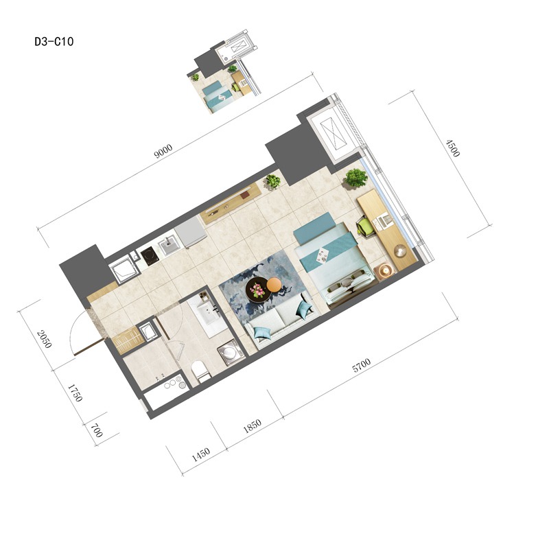 D3-C10户型 一室一厅一卫 建面约59m²（主力户型）