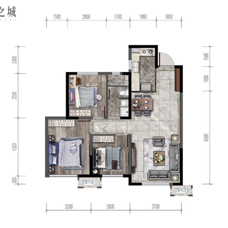 95平：三室两厅一卫户型图