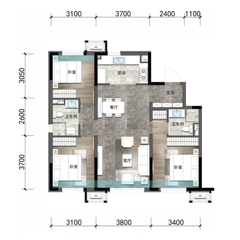 全明方正格局，三面宽朝南，南北通透，流线合理（103户型）