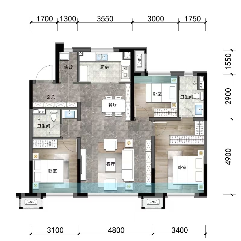 115平3室2厅2卫高层户型（现房）