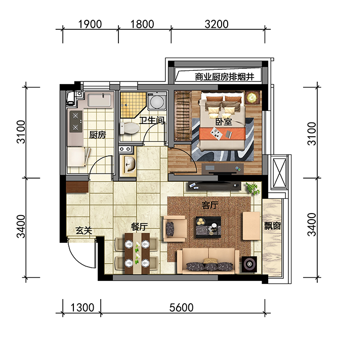 沈阳华润·昆仑御户型信息_华润·昆仑御59平一室二厅一卫l户型户型图